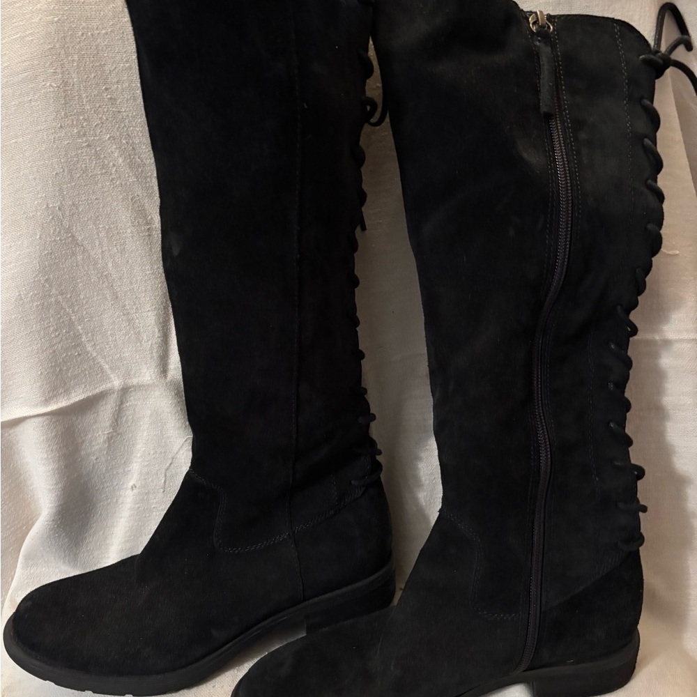 Sofft Black Suede Knee-High Boots | Lace-Up Back + Zipper